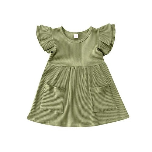 Fashionable toddler girl's ribbed knit dress, sleeveless and ruffled, with practical pockets for essentials.