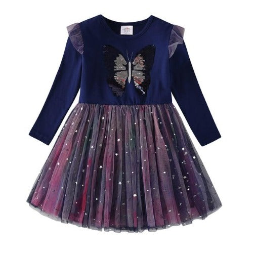 Girls' sequin butterfly long sleeve princess dress, pink cotton, for toddlers & kids parties