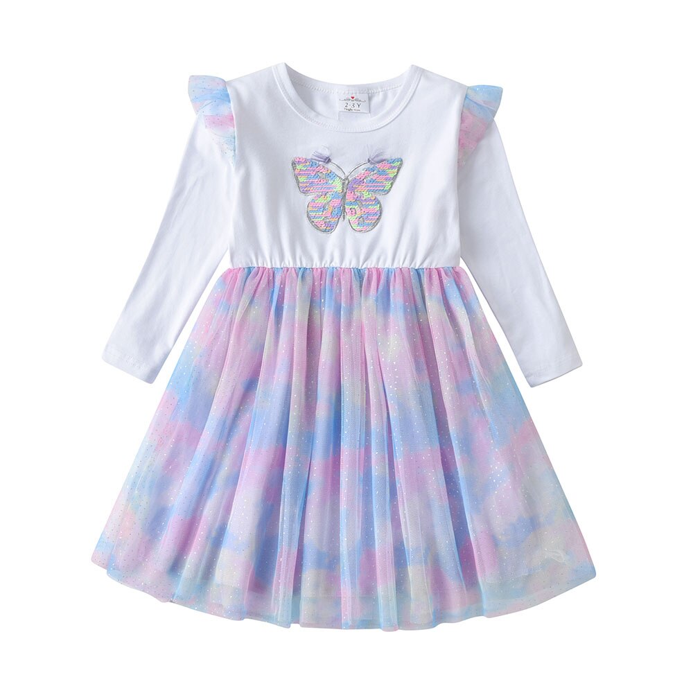 Toddler girl twirling in a pink cotton sequin butterfly long sleeve princess dress, party ready