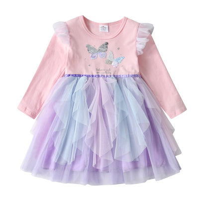 Back view of a girls' long sleeve sequin butterfly princess dress with flowing pink skirt