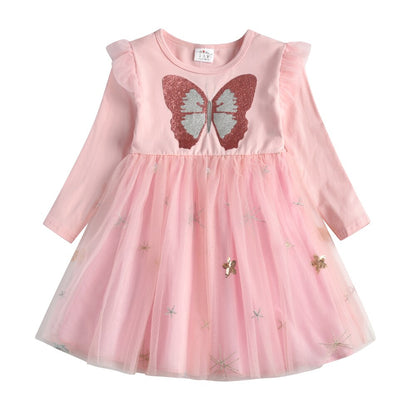 Girls' cotton long sleeve princess dress, featuring shimmery sequin butterflies, perfect for parties