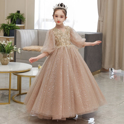 Girls' sequin puff sleeve A-line formal gown in pink, perfect for a wedding or party