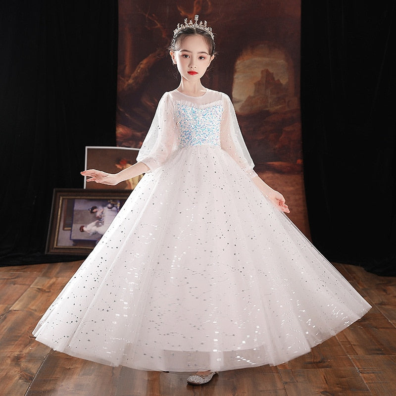 Elegant sequin and puff sleeve A-line formal dress for girls, suitable for fancy events