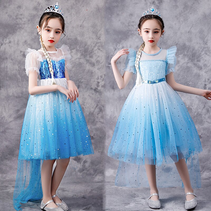Girls' fancy dress: blue sequin and puff sleeve snow princess costume for parties