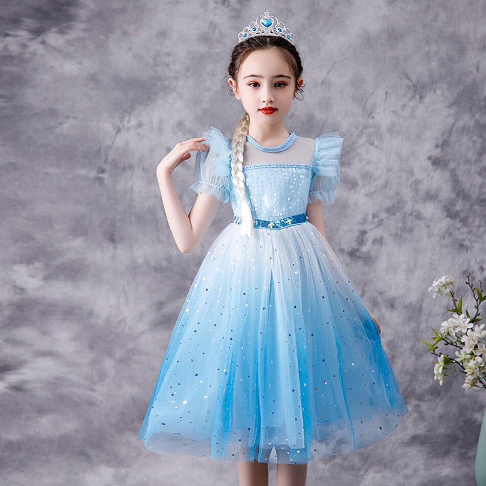 Kids' blue snow princess party dress with elegant sequin bodice and puff sleeves