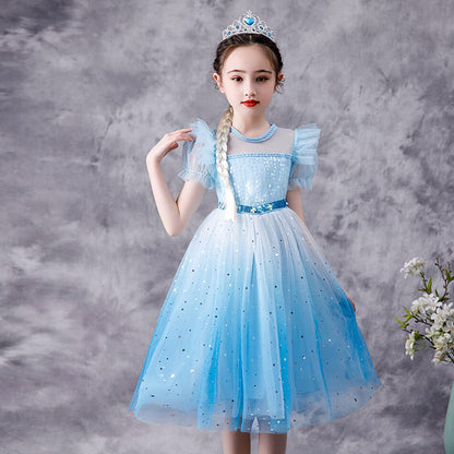 Kids' blue snow princess party dress with elegant sequin bodice and puff sleeves