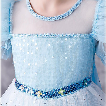 Festive girls' blue sequin puff sleeve dress, ideal as a princess or Halloween costume