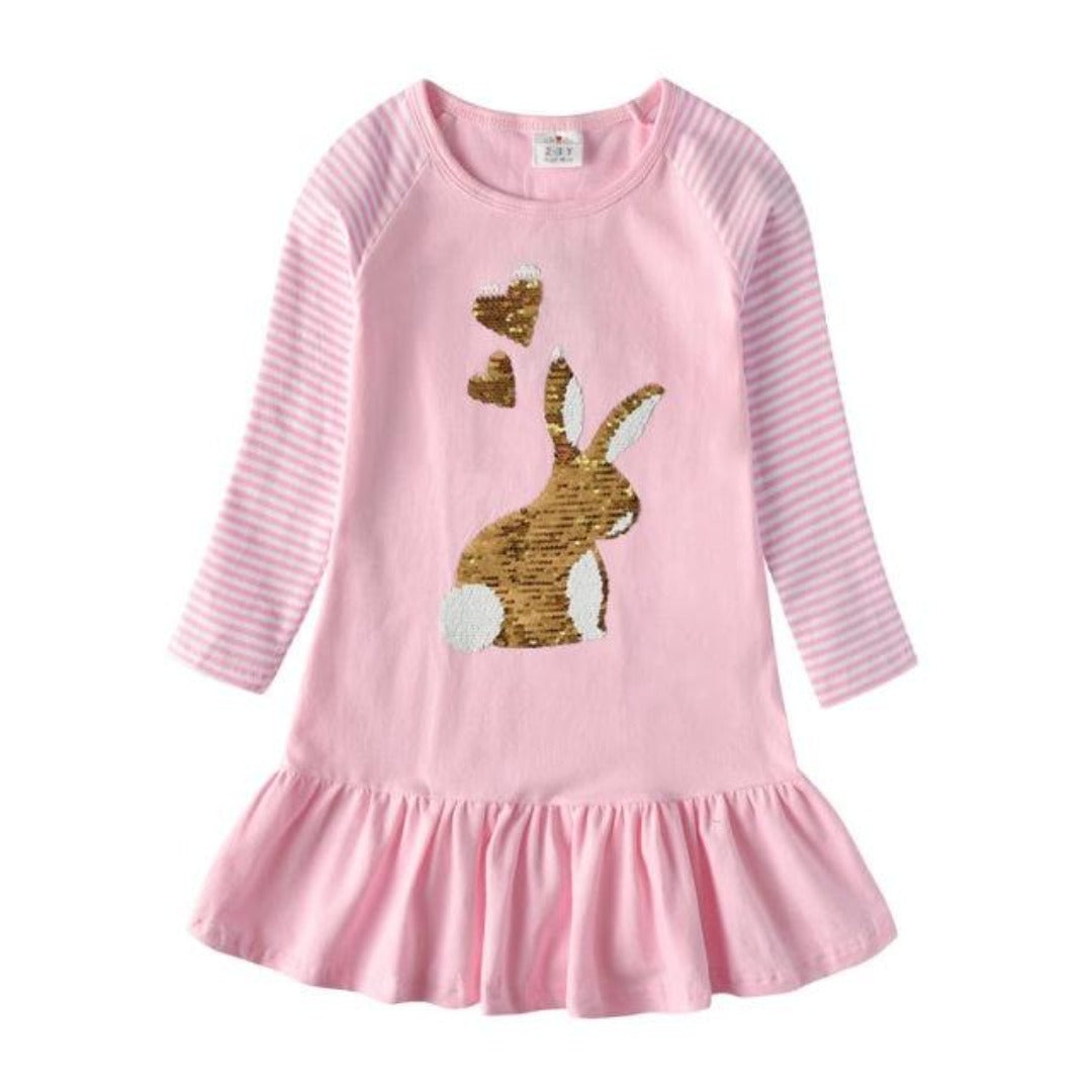 Girls' sequin rabbit long sleeve t-shirt dress in pink cotton, front view, for casual wear.