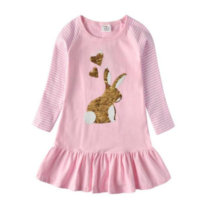 Girls' sequin rabbit long sleeve t-shirt dress in pink cotton, front view, for casual wear.