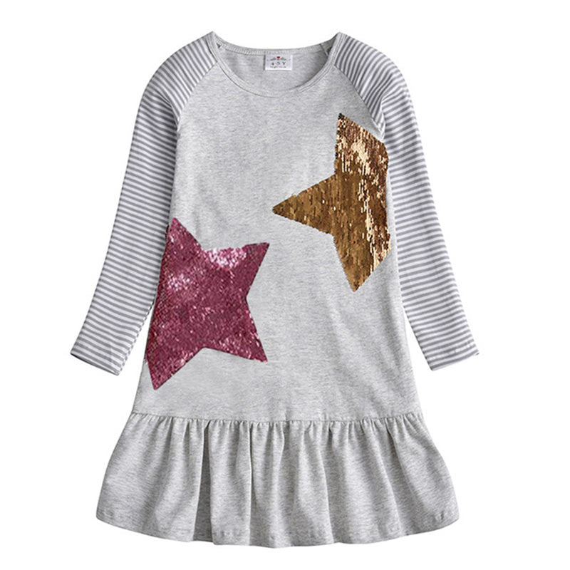 Cute sequined rabbit on a pink long sleeve cotton dress, a must-have girls' party dress.