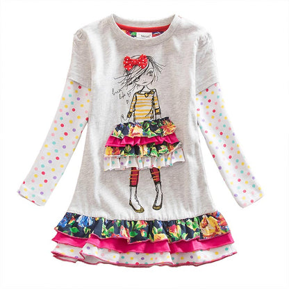 Close-up of the sequin rabbit detail on a pink long sleeve girls' t-shirt dress.