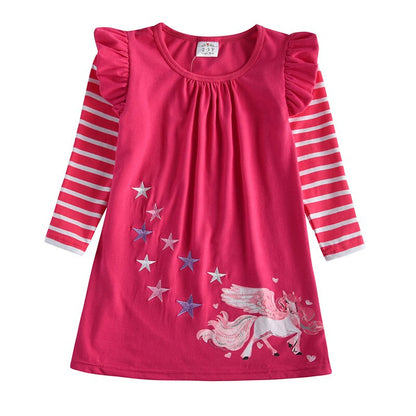 Girls' cotton long sleeve dress with a vibrant sequin rabbit, ideal for kids' party outfits.
