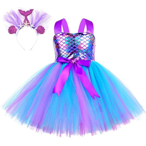 Girls shimmering mermaid princess party dress with sequin bodice and flowing teal skirt, includes matching headband.