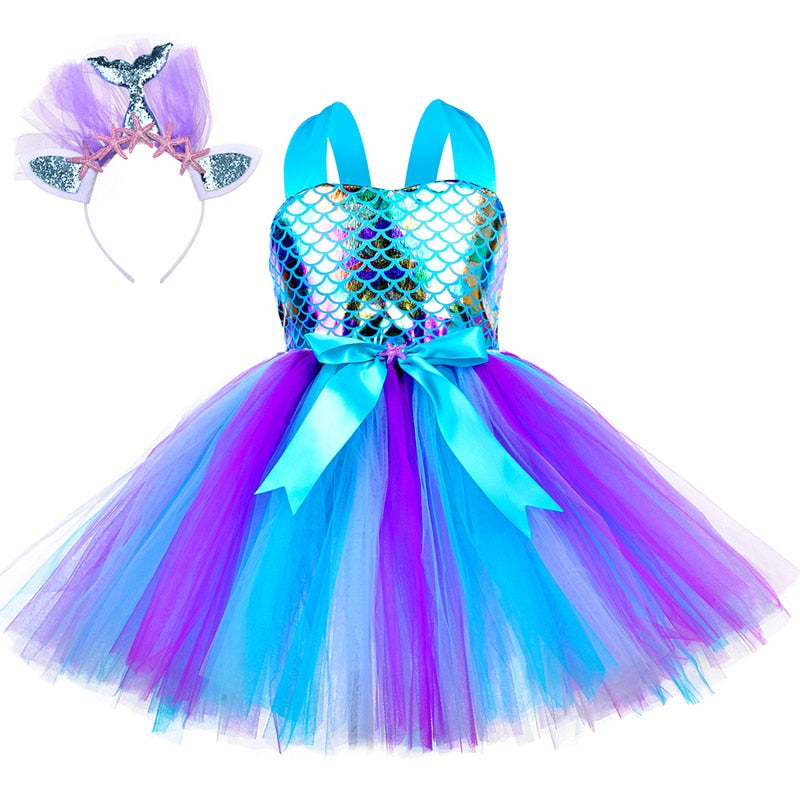 Special occasion girls' mermaid princess party dress, purple and teal, with a shiny, comfortable design and headband.