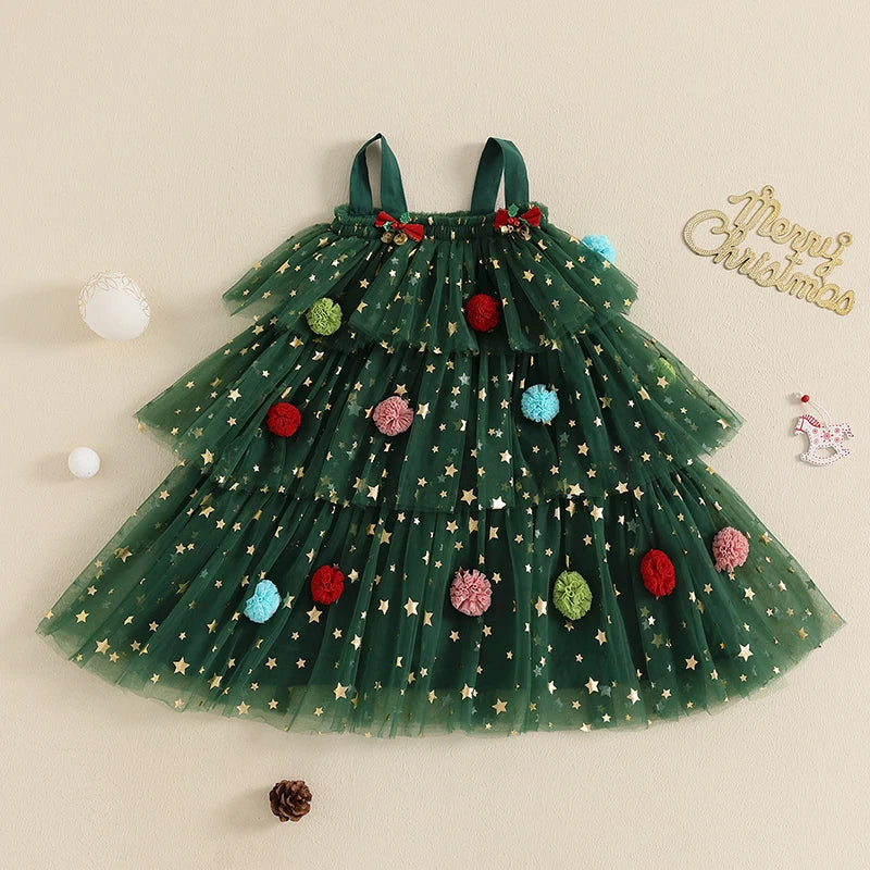 Toddler girl in a festive shimmering star party dress, comfortable kids Christmas clothing