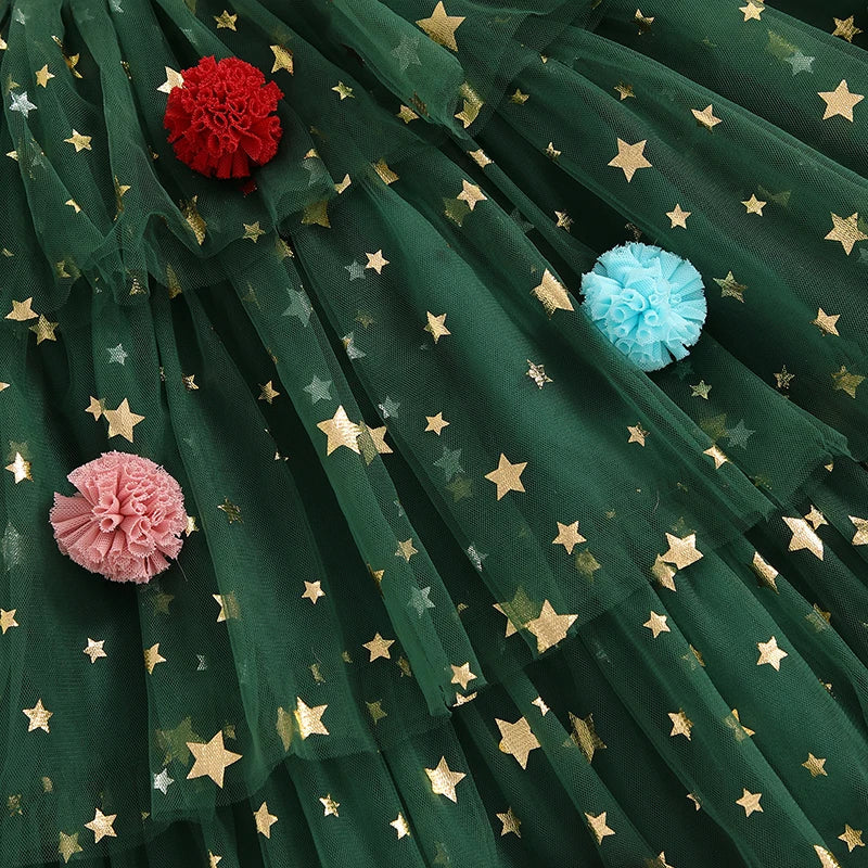 Full view of a girls' shimmering star holiday dress, festive & comfortable party clothing