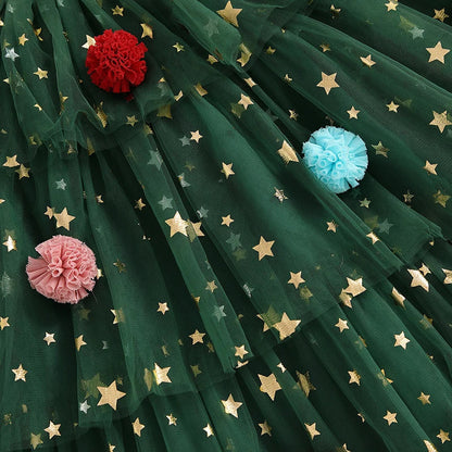 Full view of a girls' shimmering star holiday dress, festive & comfortable party clothing
