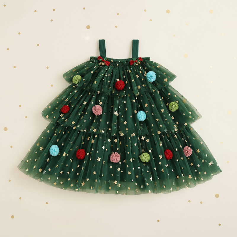 Back view of girls' shimmering star party dress, elegant toddler Christmas clothing design