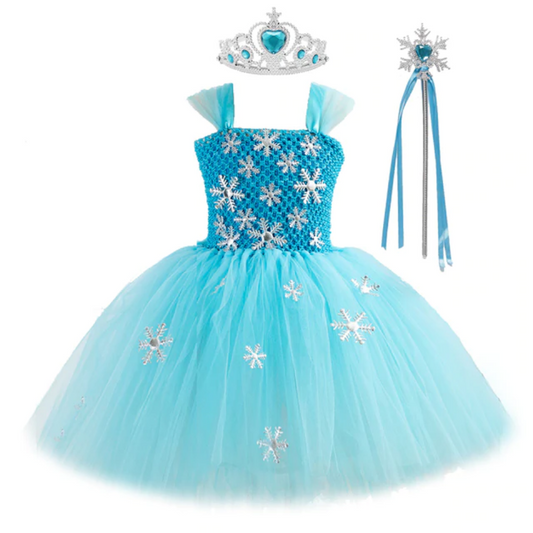 Girls' Snow Princess Crochet Tutu Dress Costume Set with snowflake detail, ideal for parties.