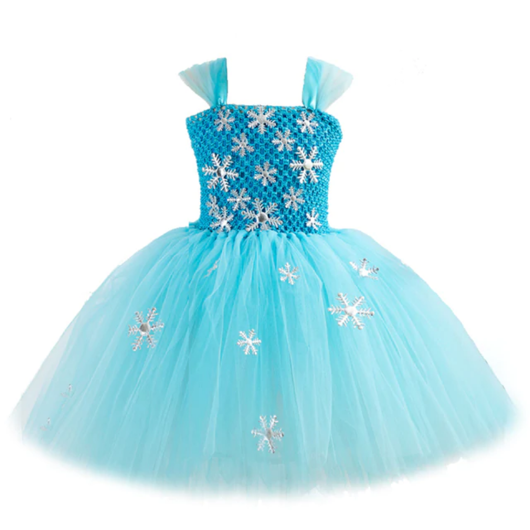 Toddler girls' ice princess fancy dress costume, a white crochet top and blue sparkly tutu skirt.