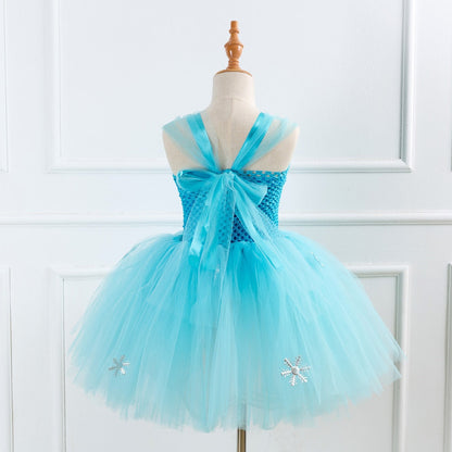 Girls' ballet-style snowflake dress, blue and white crochet tutu costume, for cosplay fun.