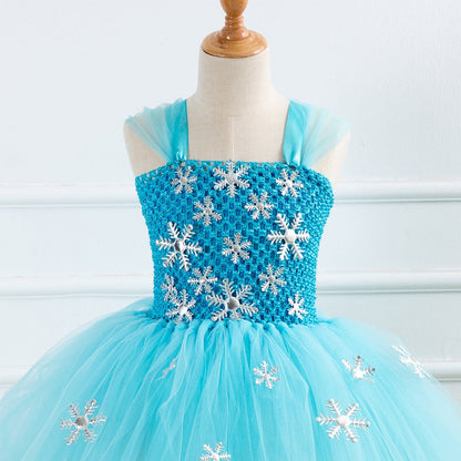 Snow princess party dress for girls, long flowing blue tutu and white crochet top, an adorable outfit.
