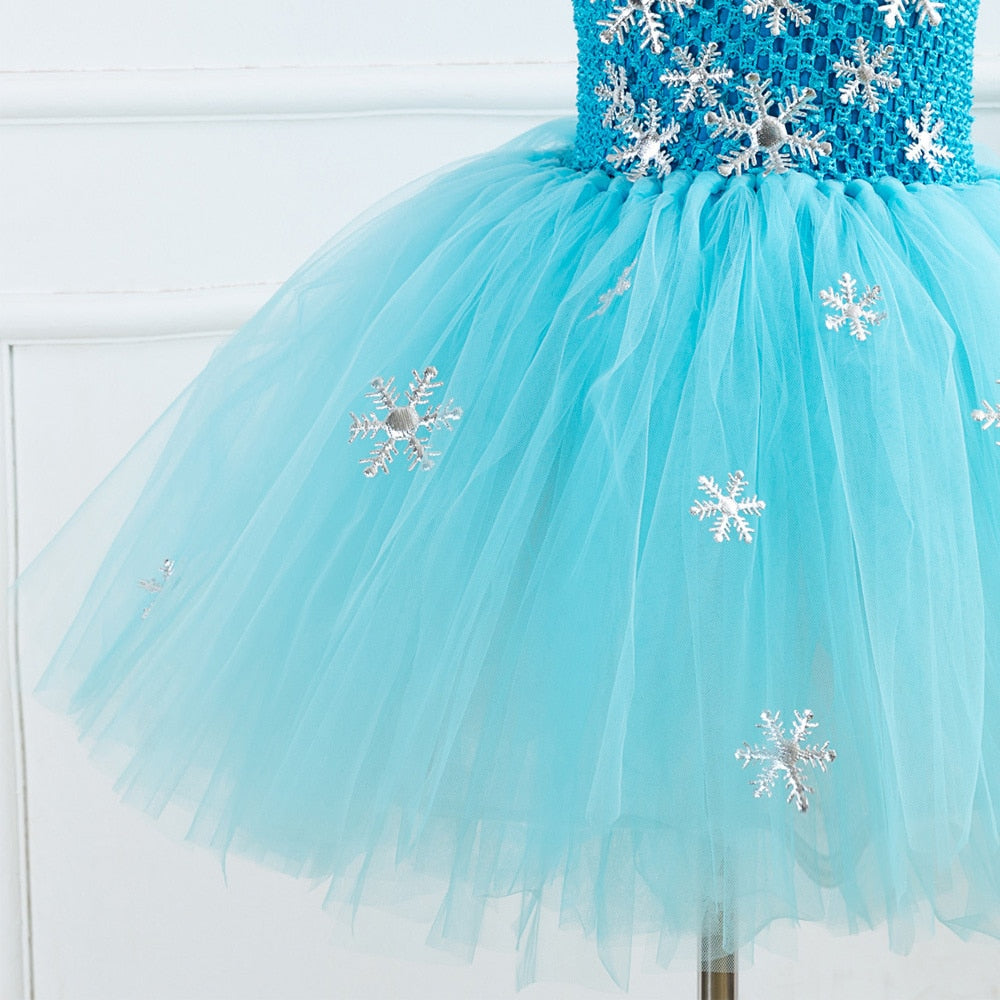 Girls' ice princess themed tutu dress and crochet top set, a beautiful fancy dress up costume.