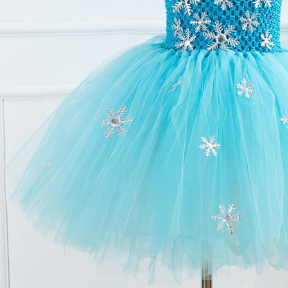 Girls' ice princess themed tutu dress and crochet top set, a beautiful fancy dress up costume.