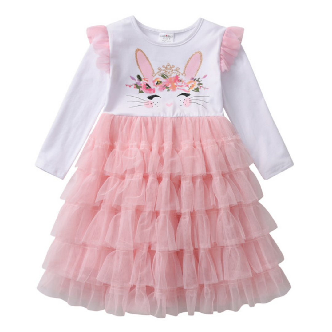 Girls' soft cotton ruffle dress with adorable rabbit print. Sweet knee-length toddler casual dress.