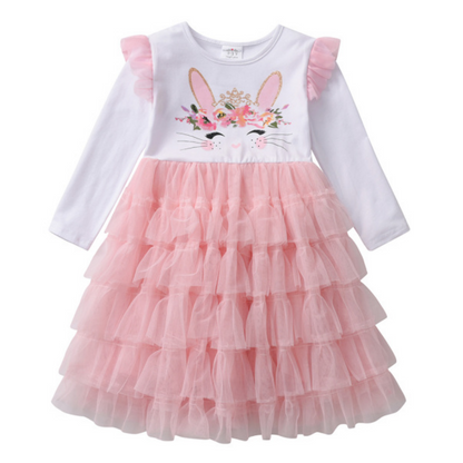 Girls' soft cotton ruffle dress with adorable rabbit print. Sweet knee-length toddler casual dress.