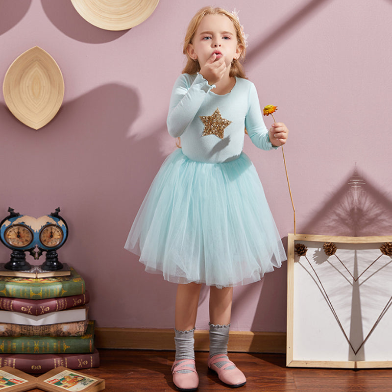 Girls' "Star Chiffon" long sleeve party dress with black tulle for toddlers