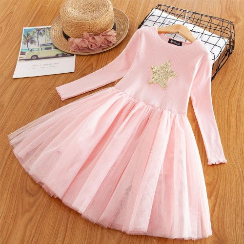 Toddler girls' black "Star Chiffon" long sleeve dress, a stylish kids' party outfit