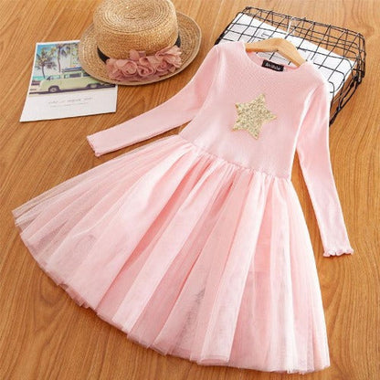 Toddler girls' black "Star Chiffon" long sleeve dress, a stylish kids' party outfit