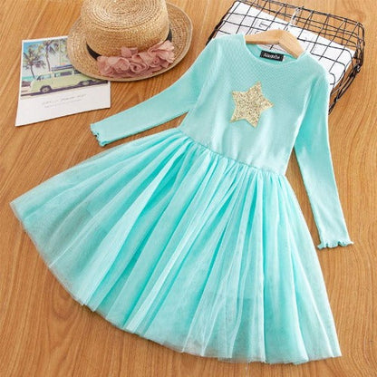 Elegant girls' long sleeve chiffon dress with star print, perfect for special occasions