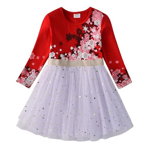 Girls' Star Sleeve Mesh Ball Gown Dress with twinkling stars, perfect for parties & special occasions