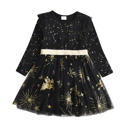 Girls' cotton blend Star Sleeve Mesh Ball Gown, a comfortable & stylish party dress for kids