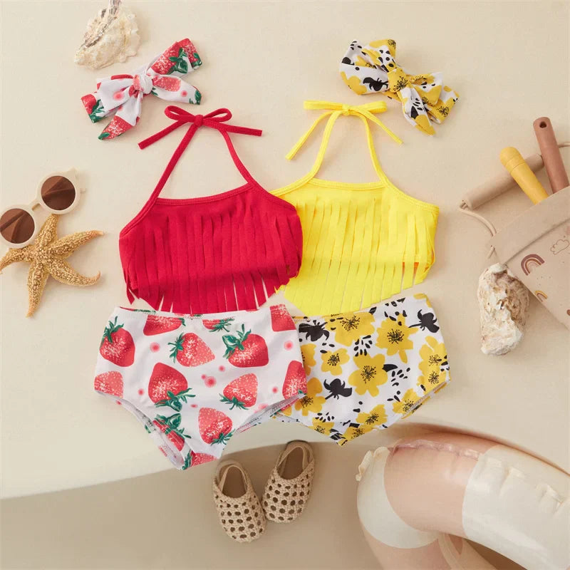 Girls' strawberry print bikini and matching hairband set for toddlers, perfect summer beachwear
