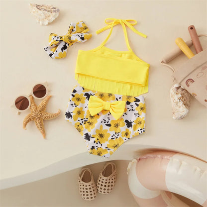 Kids' summer outfit: two-piece strawberry print bikini and soft hairband for baby and toddler girls