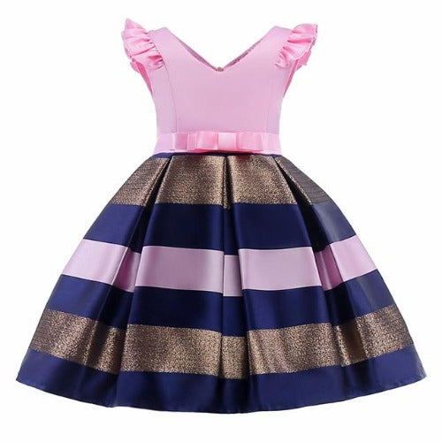Close-up of V-neck on girls' striped ruffle dress, white ribbon bow detail, cotton fabric