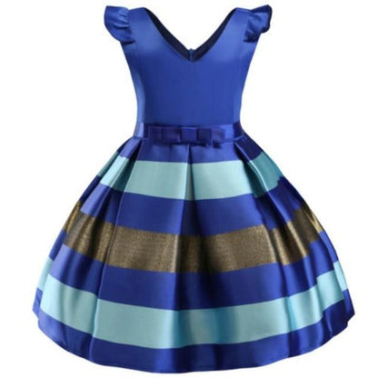 Back view of toddler's striped ruffle dress, knee-length, perfect for parties and special occasions