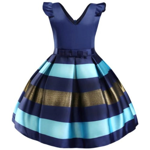 Girls' elegant striped dress with delicate ruffles and a chic ribbon accent for special events