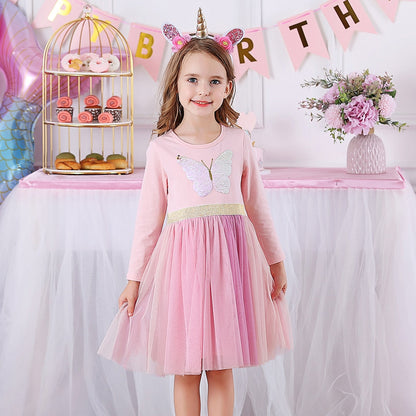 Playful rabbit design cotton dress for baby girls. Sweet, comfy, and casual knee-length kids' fashion.