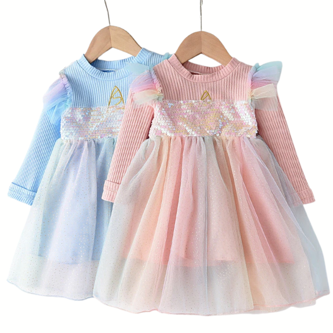 Girls' unicorn knit sweater-mesh dress, long sleeve, for toddlers, casual kids fashion