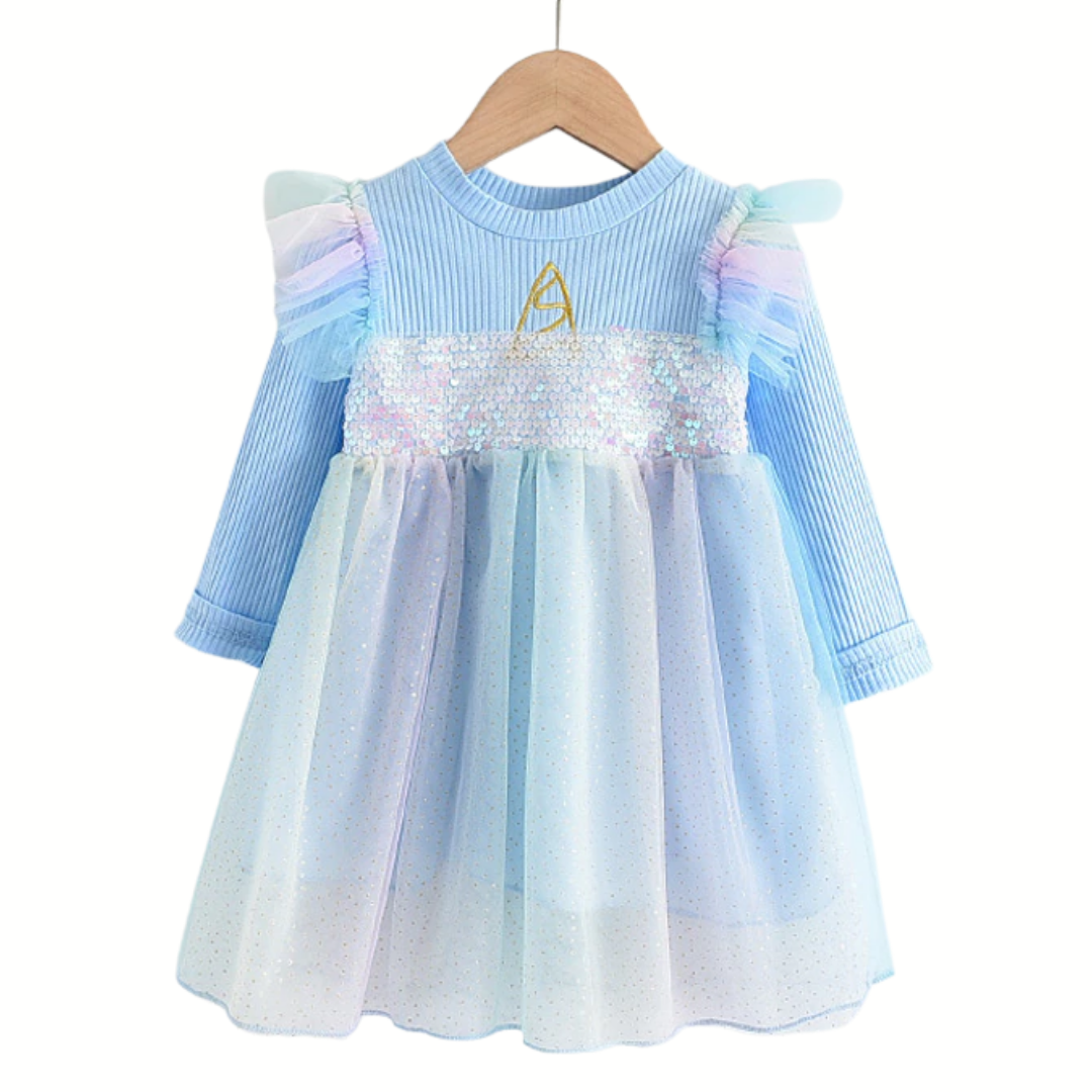 Toddler girl's long sleeve unicorn sweater dress with pink knit top and rainbow mesh skirt