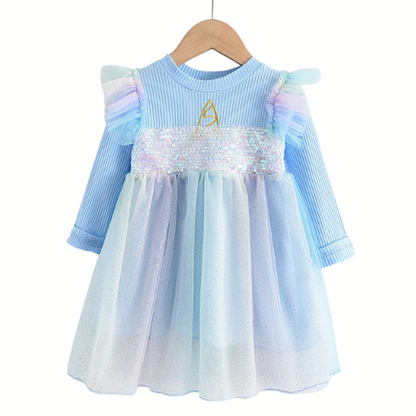 Toddler girl's long sleeve unicorn sweater dress with pink knit top and rainbow mesh skirt