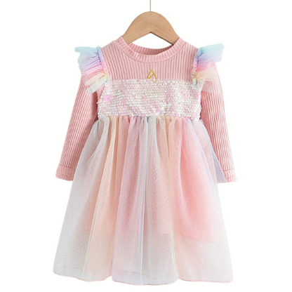Kids fashion unicorn knit dress, long sleeve, mesh skirt, perfect for casual wear