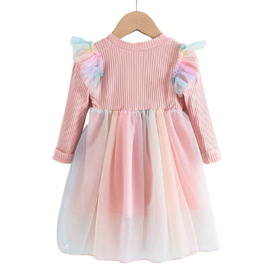Girls' casual unicorn dress featuring a cozy knit sweater top and a flowing mesh skirt