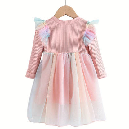 Girls' casual unicorn dress featuring a cozy knit sweater top and a flowing mesh skirt