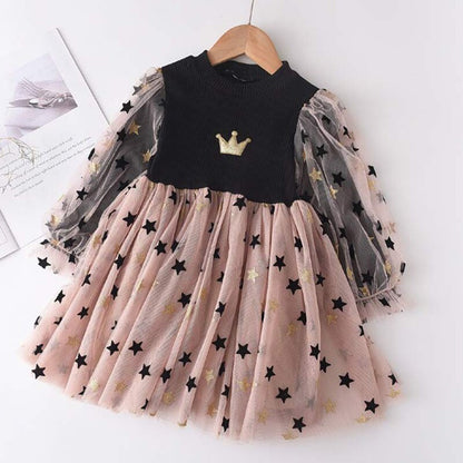Long sleeve toddler dress: unicorn motif knit top combined with a multi-layered mesh skirt