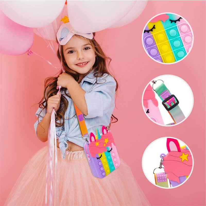 Girls' unicorn pop fidget shoulder bag, rainbow colors, silicone, kids fashion accessory